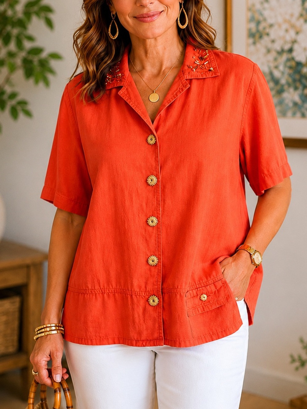Coastal‎ Resort Linen Blend Beaded Collar Top Orange Relaxed Artsy Chic L